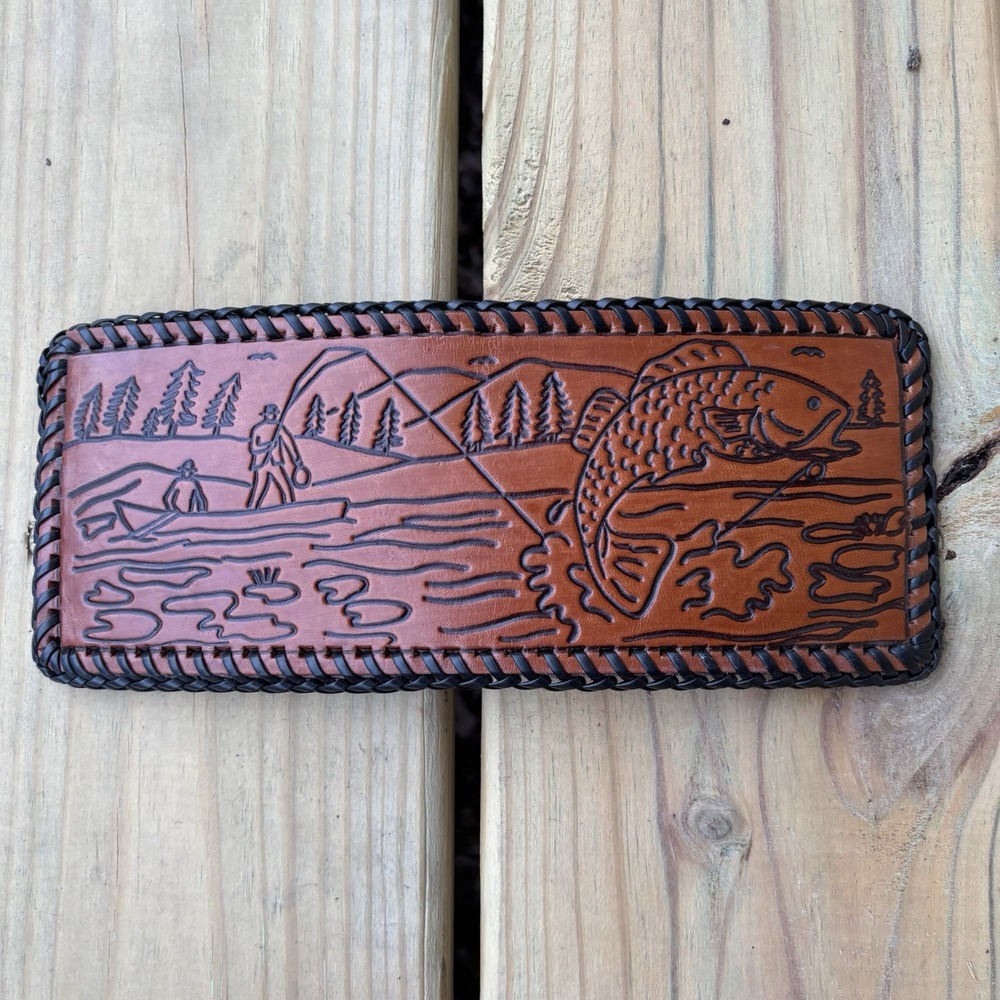 Vintage Hand Tooled Leather Wallet Fishing Scene Bass Whipstitch USA Made